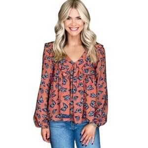 Simply Southern Collection Butterfly Ruffle V-neck Long Sleeve Blouse Top M